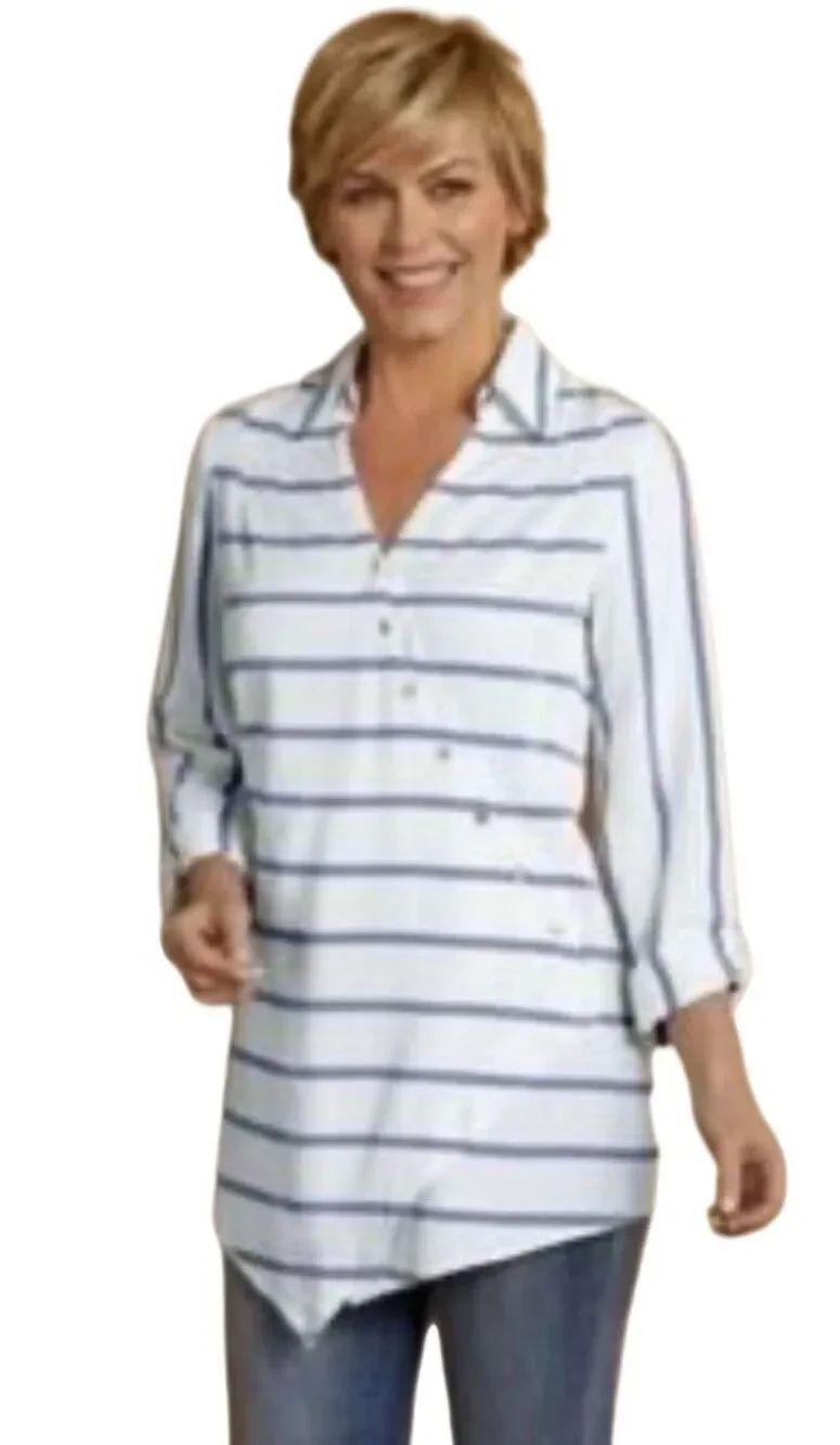 Soft Surroundings White and Blue Asymmetrical Tunic Top Sz L
